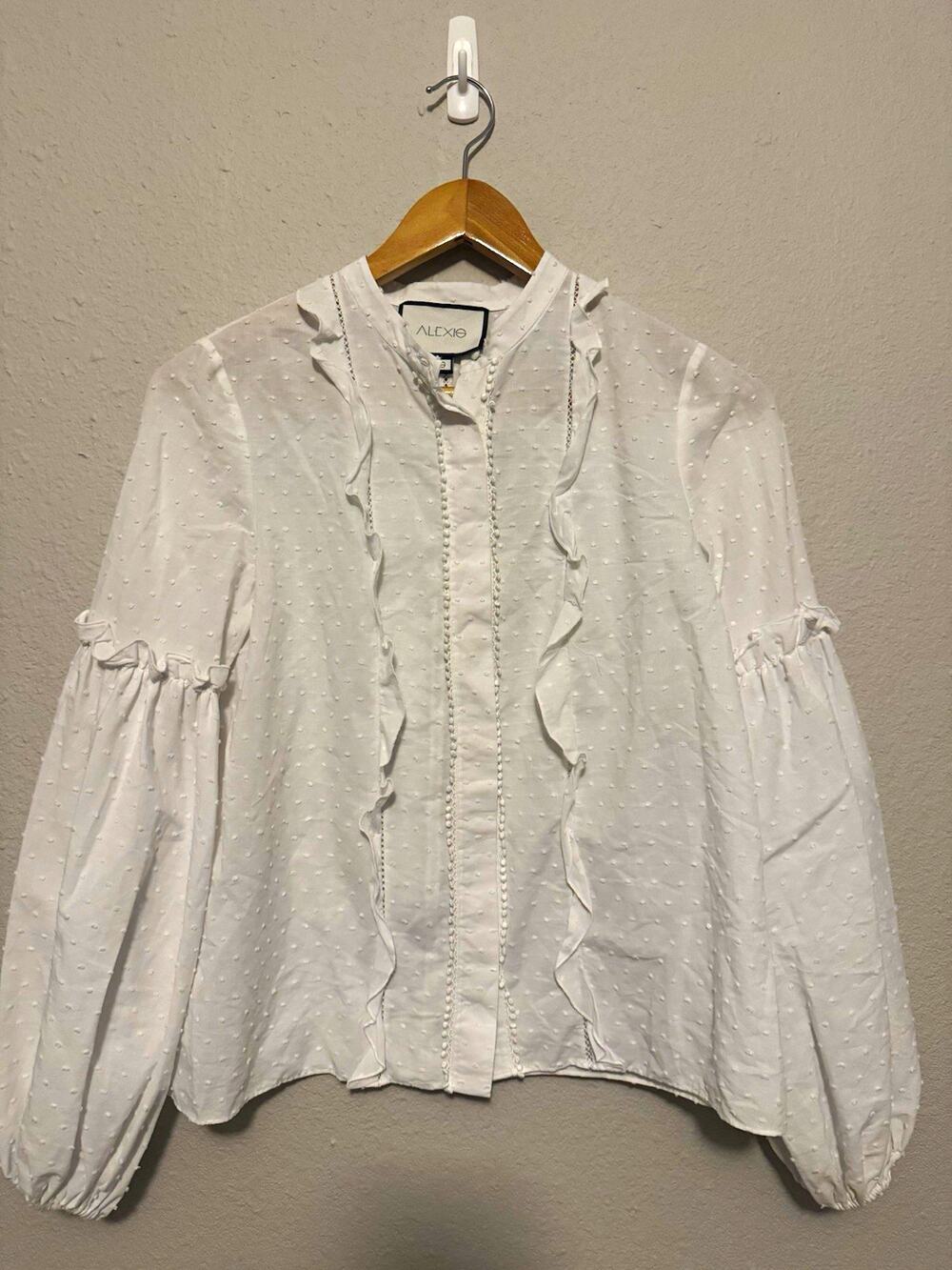 ALEXIS White Textured Ruffle Lace V-Neck Balloon Sleeve Button Blouse XS